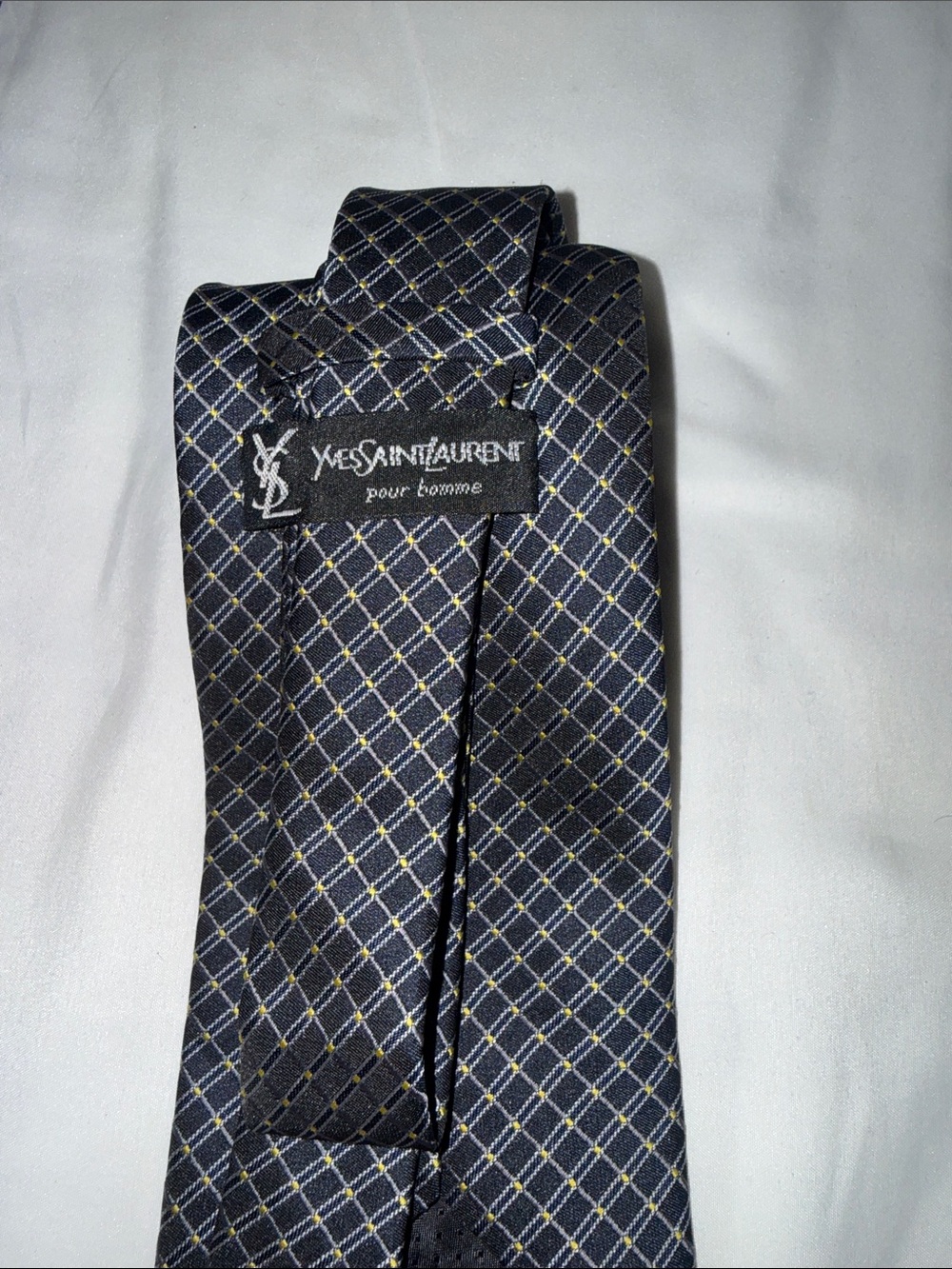 Yves Saint Laurent Navy and Gold Windowpane Silk Tie